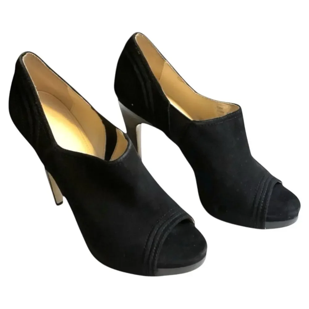 CALVIN KLEIN HIGH HEEL SHOES Women's SZ 8.5M Black Suede Leather Peep Toe Padded